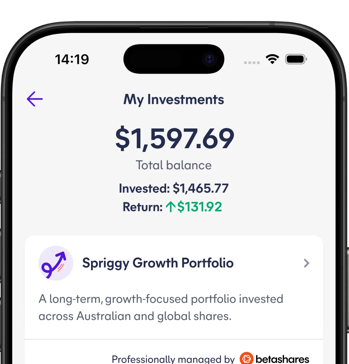 Spriggy app showing the My Investments screen