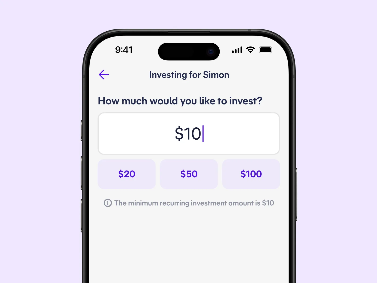 Spriggy app screen choosing an investment amount, starting from $10