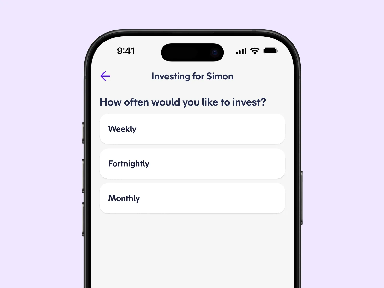 Spriggy app screen choosing how often to invest: weekly, fortnightly or monthly
