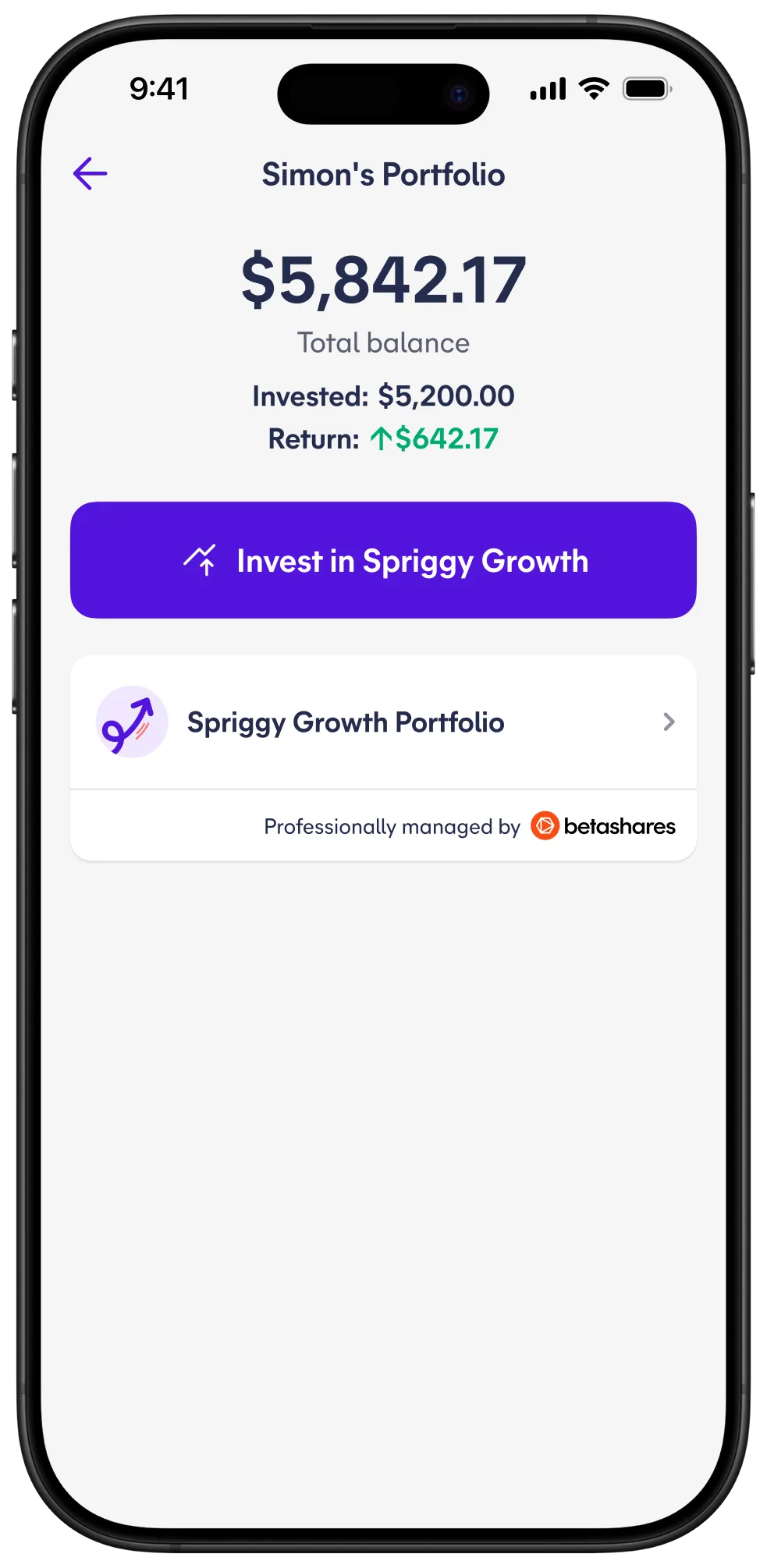 Illustrative Spriggy Growth Portfolio app screen showing an example total balance