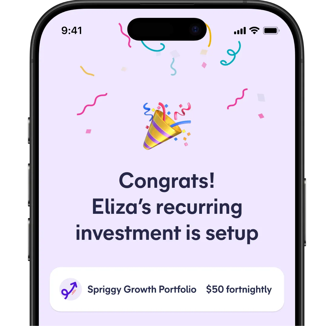 Spriggy app celebrating that a recurring $50 fortnightly investment into the Spriggy Growth Portfolio is set up