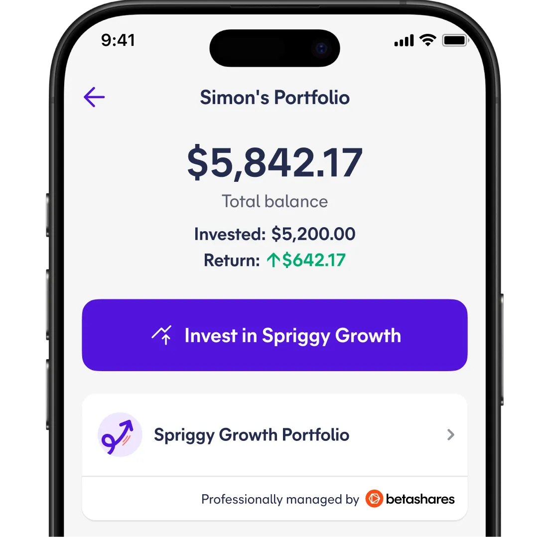 Spriggy app investing portfolio: total balance, amount invested, return, with the Spriggy Growth Portfolio card and the 'professionally managed by Betashares' disclosure