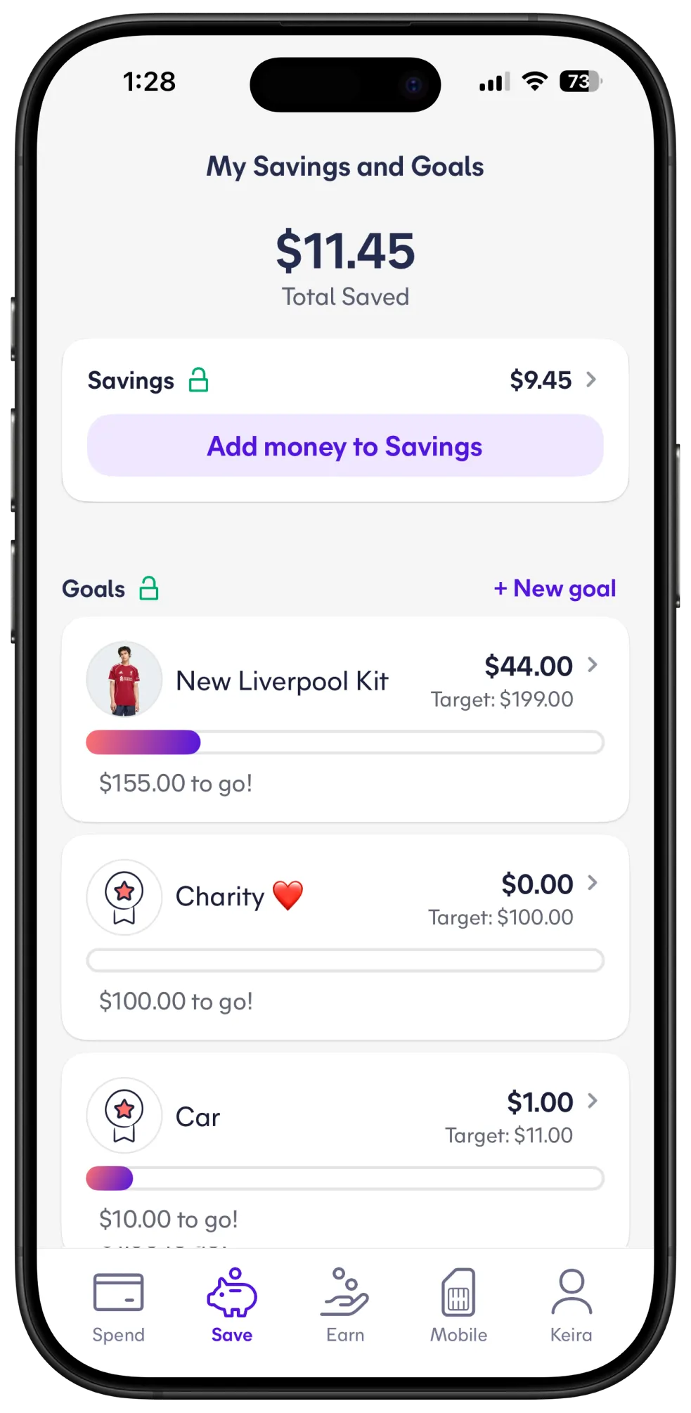 Spriggy app showing Savings and Goals with a Liverpool Kit savings goal