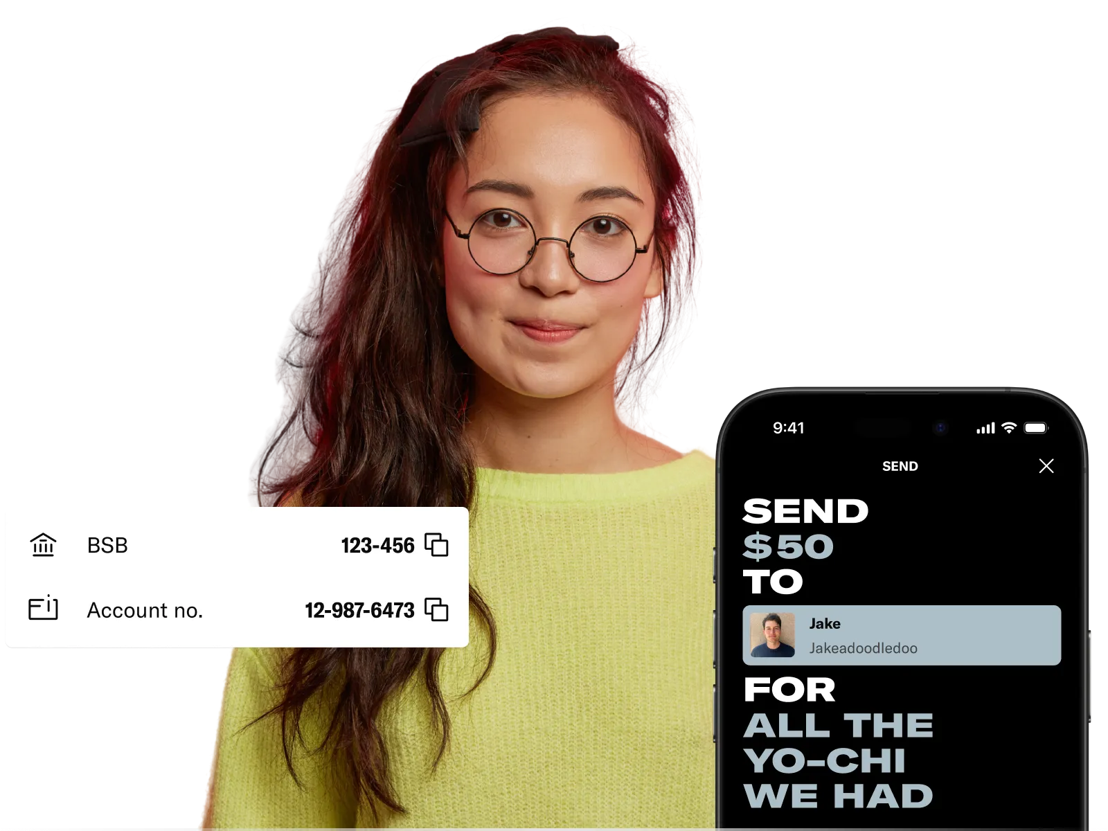 Teen with glasses next to Spriggy app screens showing BSB, account number, and peer-to-peer payments