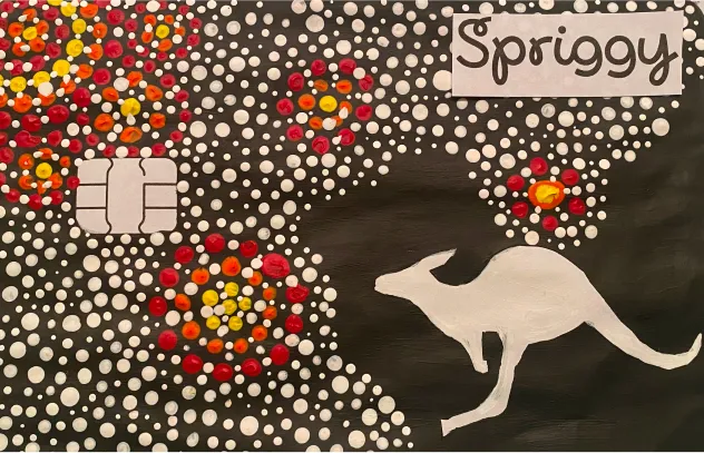 Kid-designed Spriggy card with kangaroo dot art