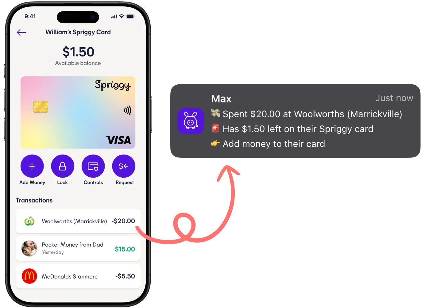 Spriggy app showing card balance, transactions, and spend notification